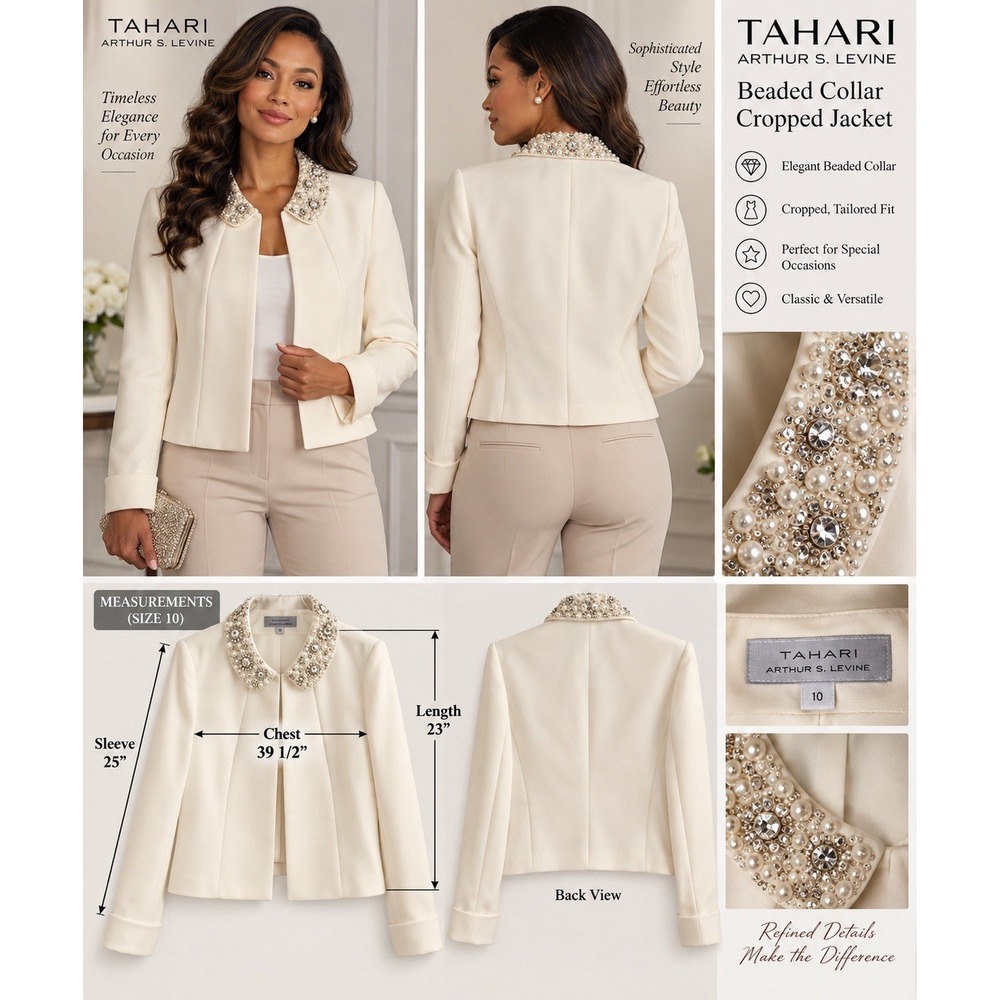 Tahari Arthur S. Levine Women Size 10 Ivory Beaded Collar Cropped Blazer Jacket
